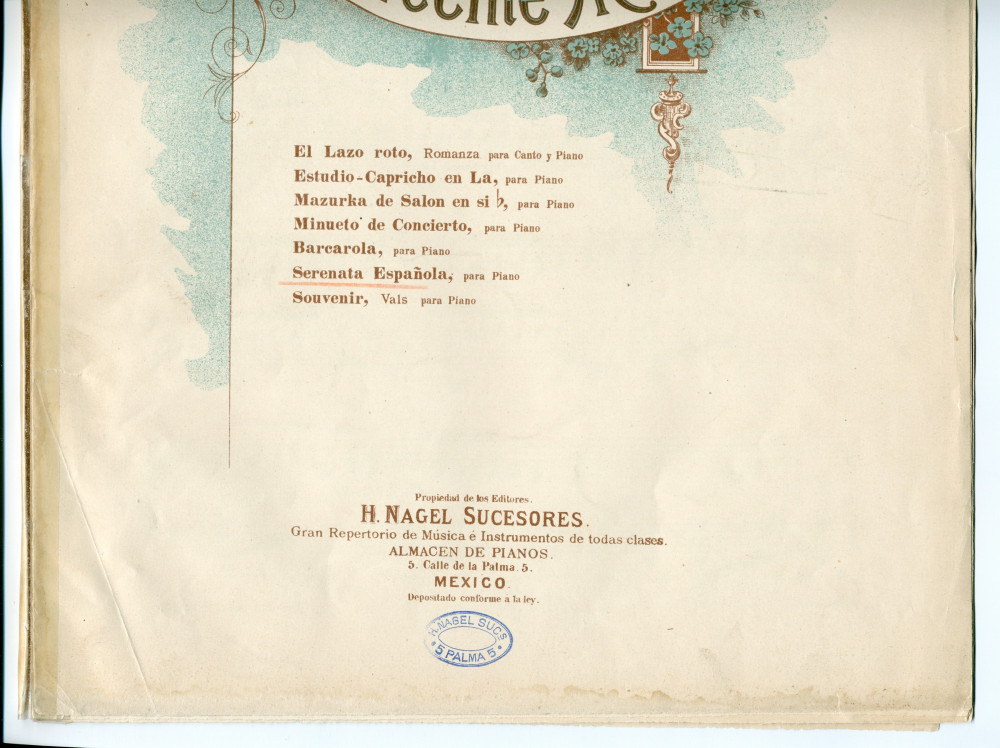 Partition de la «Serenata Española para piano» de Vicente Mañas Orihuel (1858-1931) – «A mi distinguida discipula Señorita Dolores Elcoro» (H. Nagel Sucesores, Mexico)